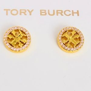 NEW Tory Burch Rose Pavè Crystal Circle Logo Stud Earrings